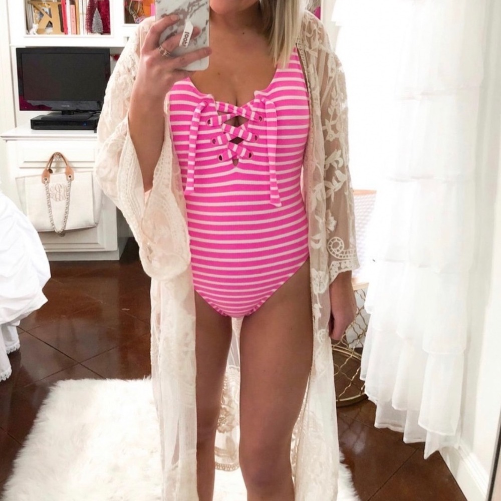 Aerie Pink White Stripe‎ Lace Up Ribbed One Piece Swimsuit Long S/P